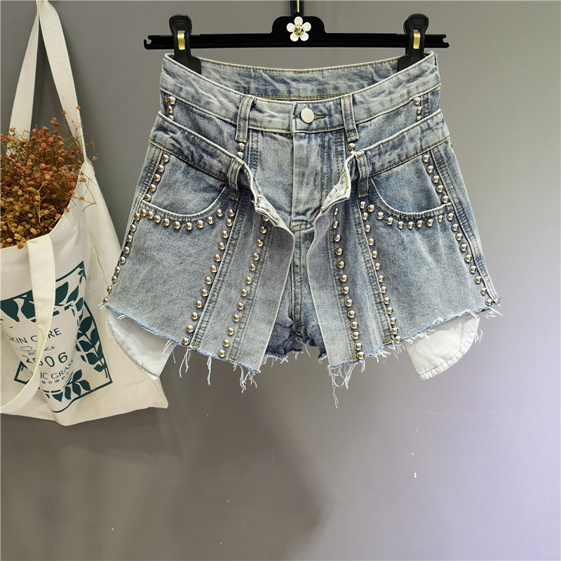欧洲站2019夏新款潮款重工铆钉牛仔短裤个性双腰假两件A字裤裙女在类目 女装/女士精品, 牛仔裤中 - 来自Buy2taobao.com提供专业的淘宝代购服务