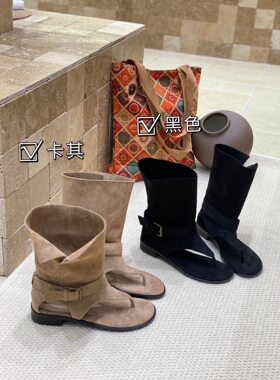 牛仔靴凉鞋女款夏季夹趾凉靴女2026新款平底人字拖鞋复古女鞋夏款