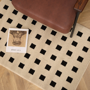 法式 奶油风入户地垫高级感黑白格进门脚垫大门玄关卧室仿羊绒地毯