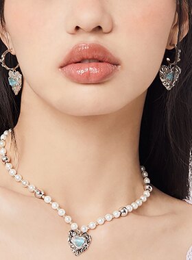 金属褶皱爱心珍珠项链时尚高级设计感蓝色心形宝石卫衣链毛衣链