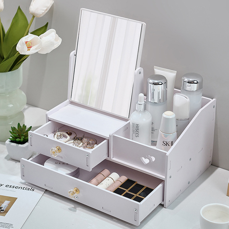 高颜值抽屉式化妆品收纳盒带镜子 防尘大容量 桌面护肤品置物架