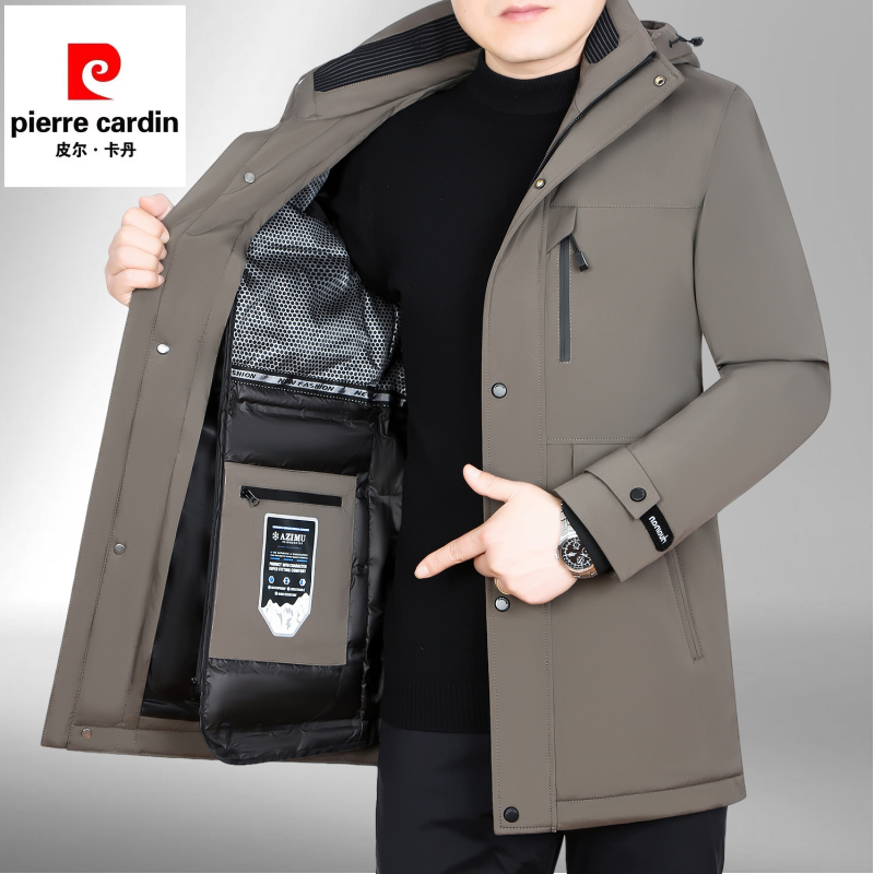皮尔卡丹男士鹅绒服中长冬季羽绒外套加厚可脱内胆防寒服加肥加大