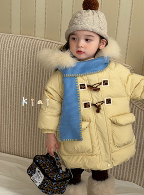 2025kiai新冬大毛领羽绒服羊角扣女小童保暖中长款羽绒外套863024