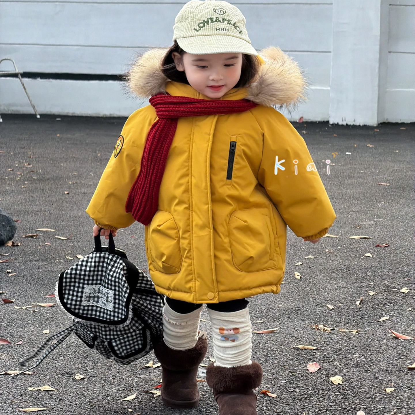 2025kiai女童毛领派克服中长款加厚羽绒服黄色冬季保暖外套866031