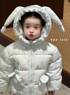2025冬opolala卡通可爱印花白鸭绒连帽外套女宝保暖羽绒服77030