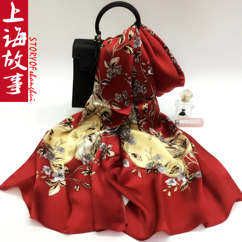 红色真丝丝巾女旗袍披肩外搭妈妈送礼桑蚕丝本命年红围巾高档礼盒