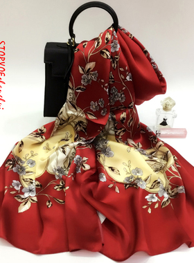 红色真丝丝巾女旗袍披肩外搭妈妈送礼桑蚕丝本命年红围巾高档礼盒