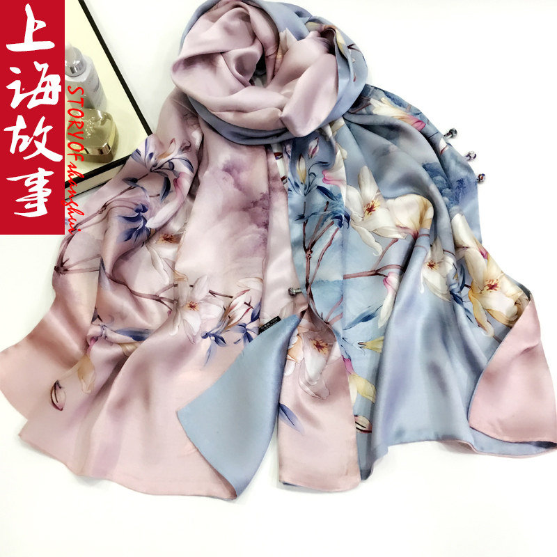 真丝丝巾女高档礼盒装送长辈披肩旗袍外搭桑蚕丝妈妈围巾杭州丝绸