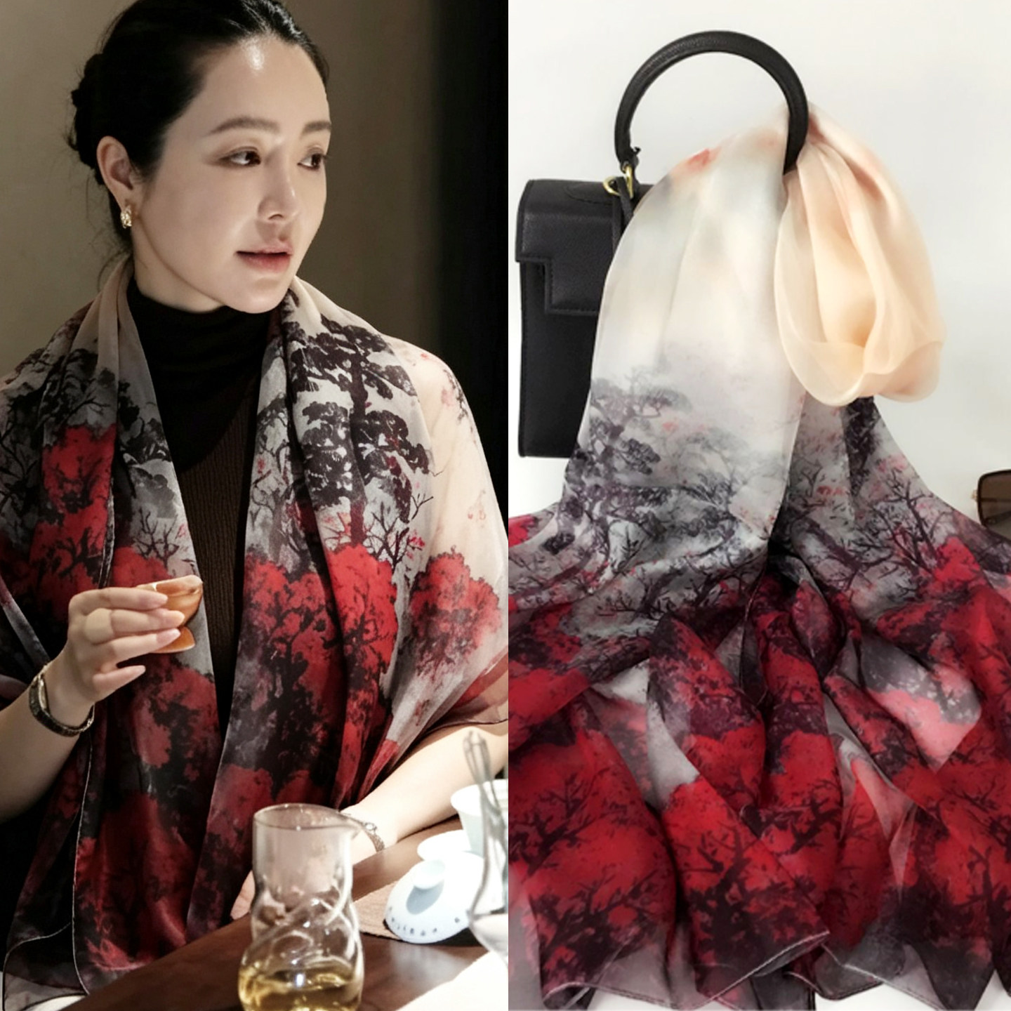 上海故事真丝秋冬保暖护颈披肩女