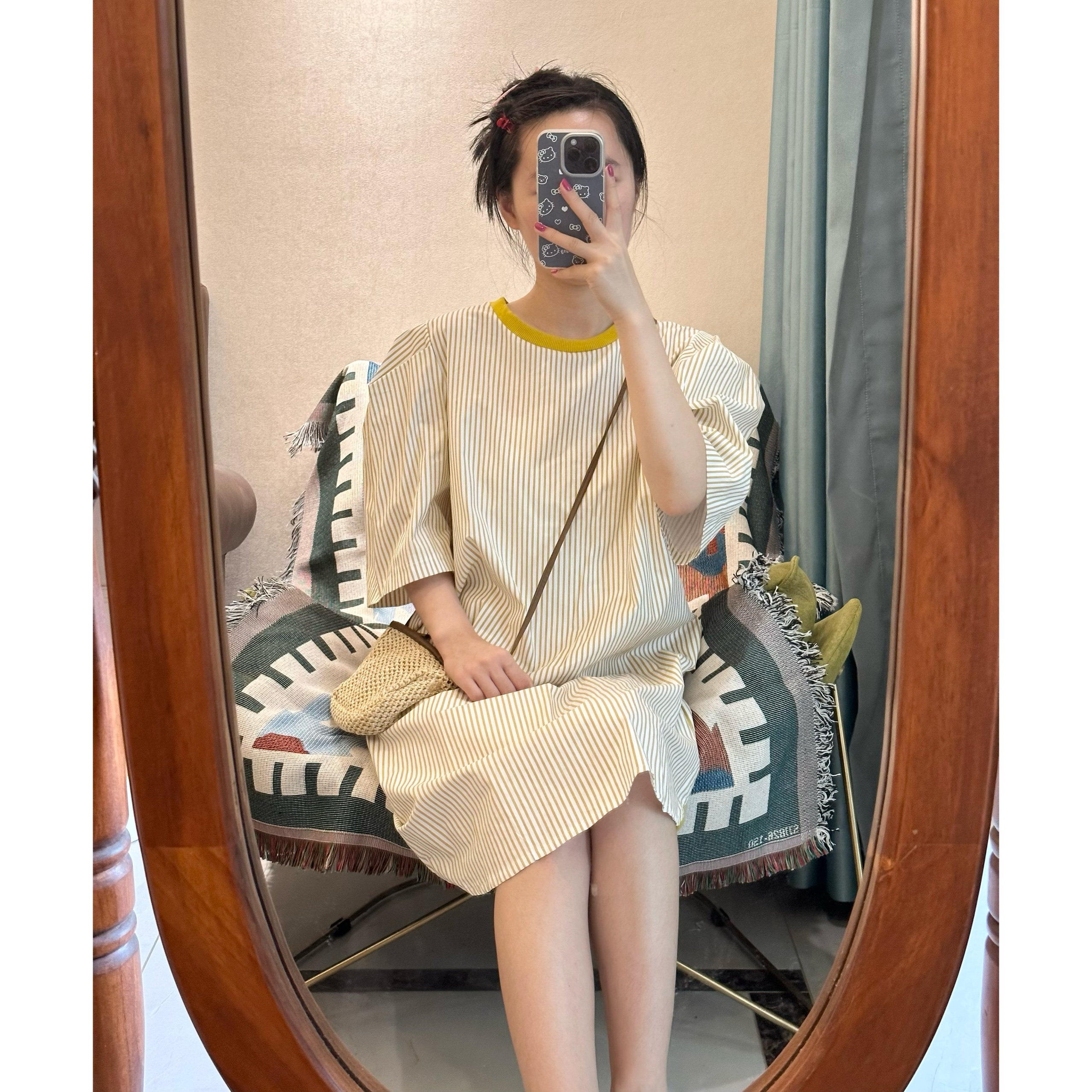 衬衫式泡泡袖气质宽松中长款条纹连衣裙女夏季高级感
