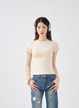 Sparrow Lab纯色简约短袖正肩小白T女夏季修身体恤百搭半袖短上衣