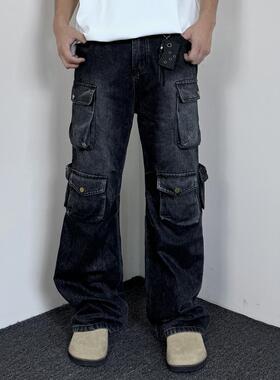 Sparrow Lab美式高街复古水洗磨白口袋工装牛仔裤潮直筒微喇长裤