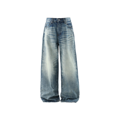 冰川蓝复古做旧阔腿牛仔裤