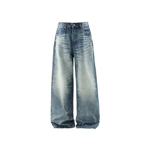 冰川蓝复古做旧阔腿牛仔裤