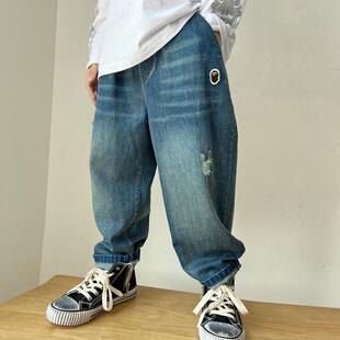 DLIDLIKIDS春季新款男女童猫抓破洞牛仔柔顺章仔阔腿哈伦儿童长裤