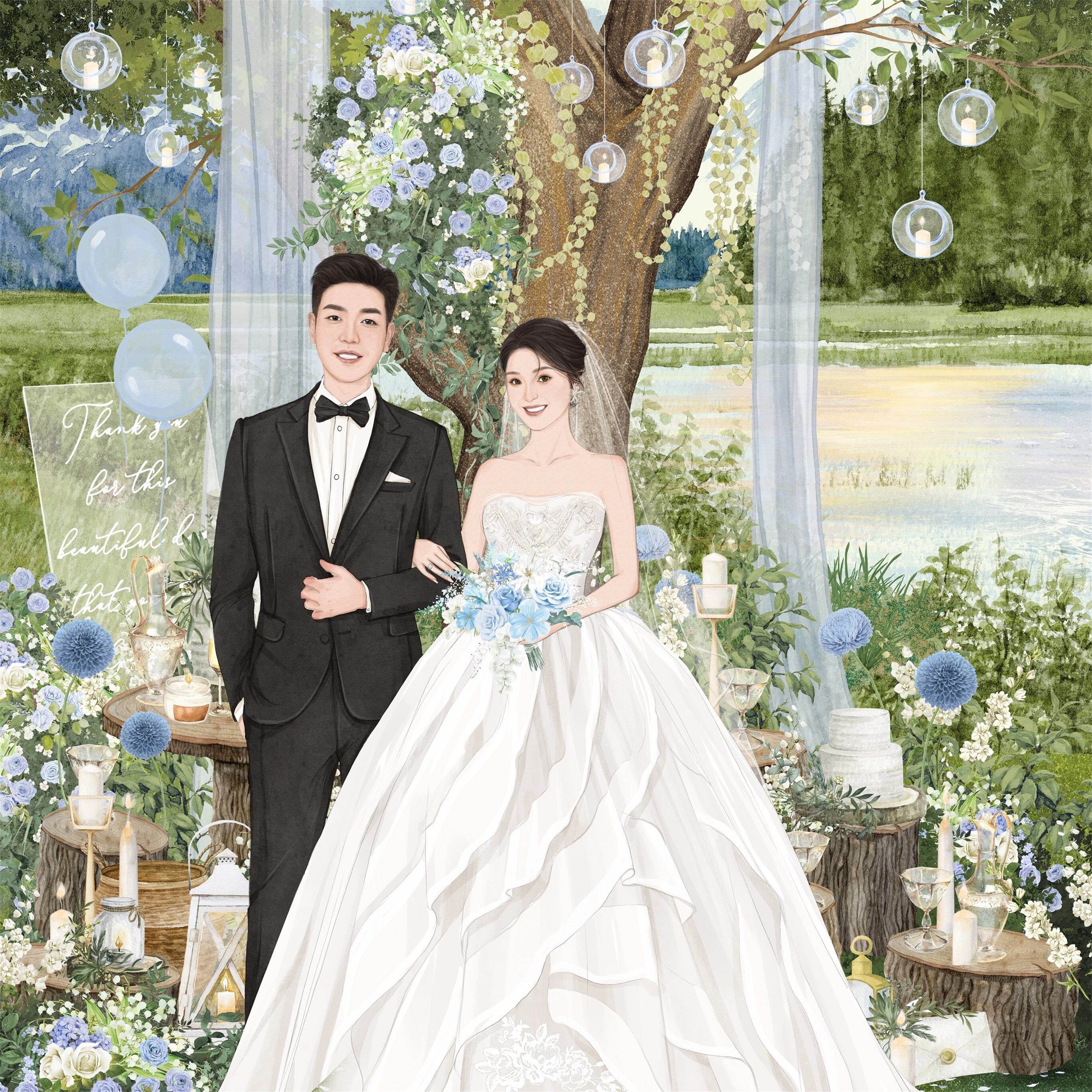 花楹手绘婚纱照水彩婚礼请柬插画头像双人价含danny画画背景