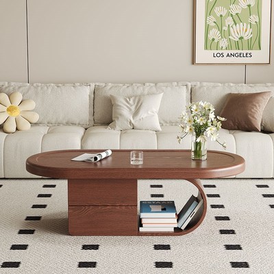 侘寂风胡桃色茶几现代客厅大小户型家用新款中古风实木椭圆形茶几