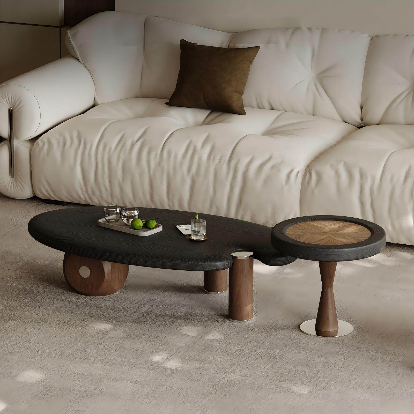 中古风实木茶几组合客厅家用设计师创意复古椭圆侘寂风大理石茶桌