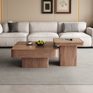 复古中古胡桃木茶几现代简约客厅大小户型家用正方形储物茶几组合