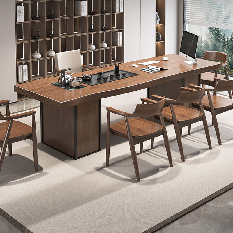 原木现代大气实木宽松茶几电脑桌老板桌带茶台办公桌品质奢华型