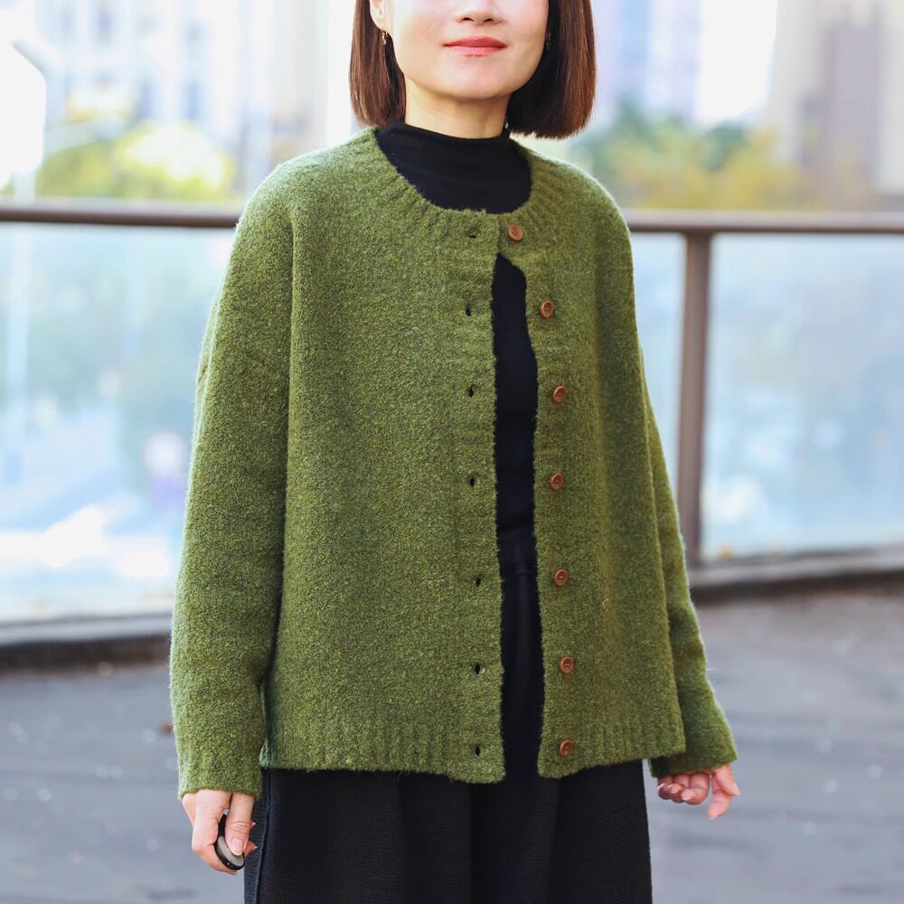 欢喜布衣  春款苔绿色厚款慵懒气质肌理羊毛针织宽松长袖毛衣开衫