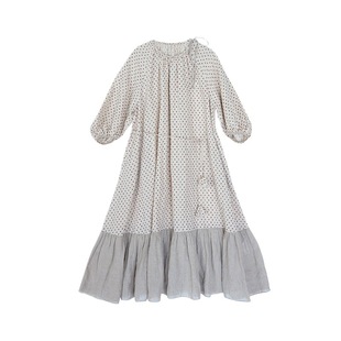 月见草咖灰碎花亚麻棉圆领宽松大摆系带连衣裙 夏款 断码 半价