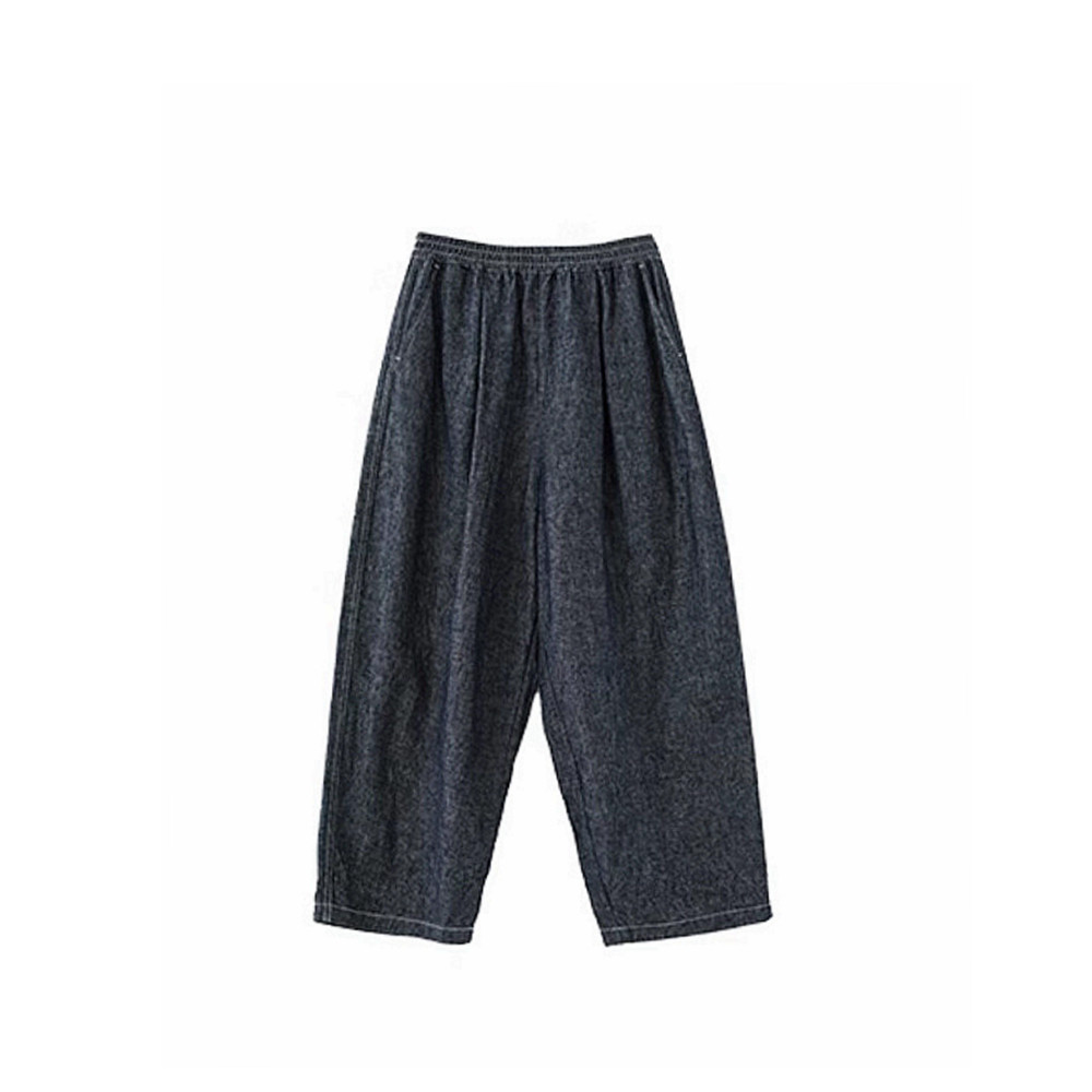 欢喜布衣 春款新棉麻高密斜纹双色色织松紧腰九分牛仔萝卜裤休闲