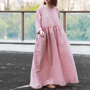 断码半价!夏季新款连衣裙彩虹粉色格子盐缩棉宽松高腰长裙袍子