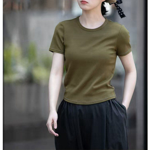 订单满500拍下付款送！夏季罗纹布透气显瘦圆领女款短袖T恤多色