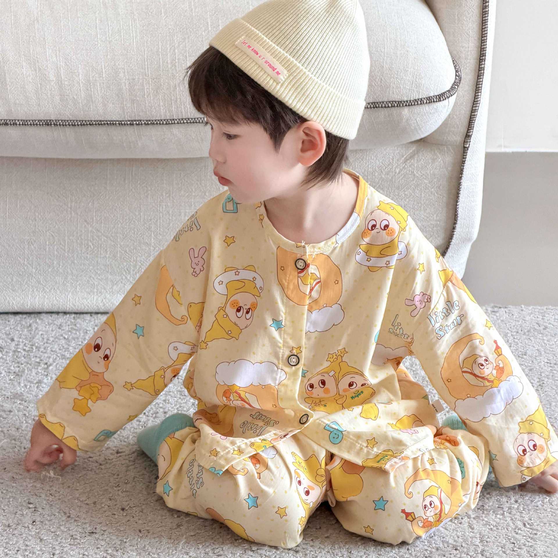 儿童绵绸家居服夏季薄款男女宝宝婴儿衣服分体套装棉绸空调服睡衣