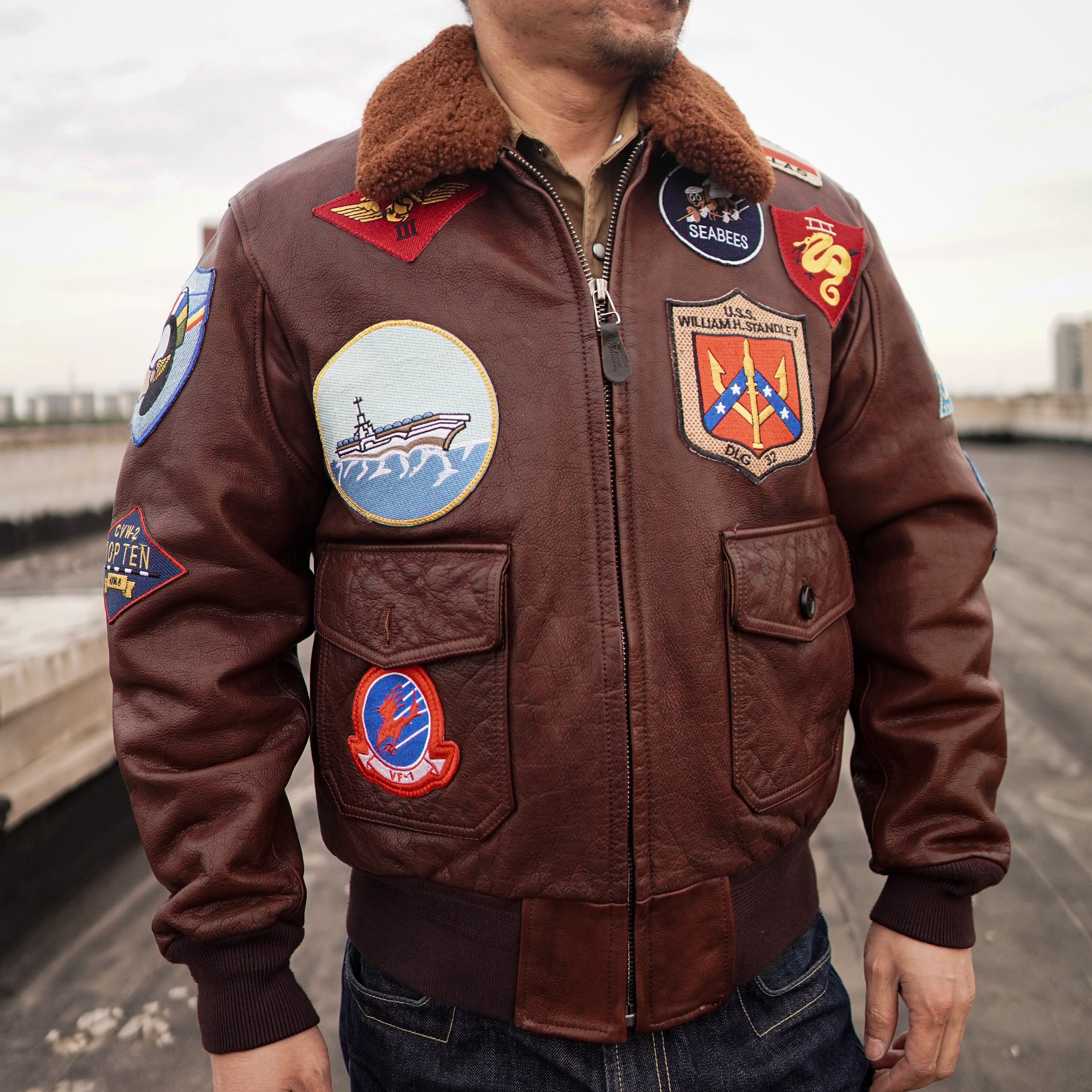 美式G1牛皮1.56厚度真皮冬款飞行服夹克壮志凌云皮衣加棉毛领