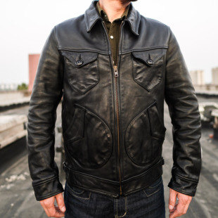 门多萨农场主小牛皮黑色真皮翻领多兜夹克美式 休闲真皮