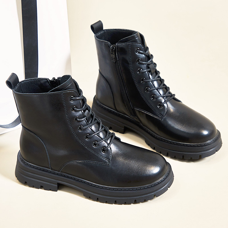 简约橡胶大底黑色软底加绒马丁靴