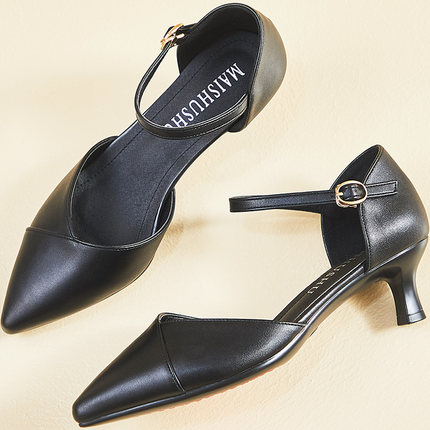 百搭春夏尖头细跟中空包头凉鞋女包跟一字扣黑色高跟鞋礼仪工作鞋