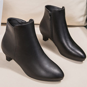 加绒保暖短筒靴子中跟皮靴职业皮鞋 冬工装 靴尖头黑色短靴女工作鞋