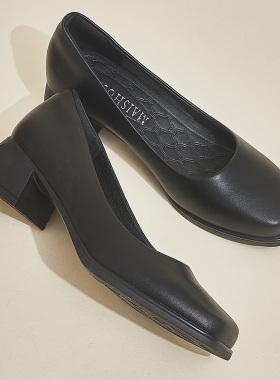 方头粗跟软底职业工作鞋女黑色高跟鞋中跟单鞋4cm正装女鞋浅口鞋