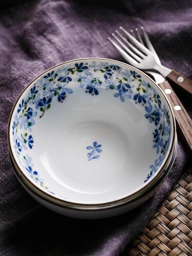 小蓝芽碗浅钵美浓烧进口陶瓷碗家用饭碗小面碗日式餐具汤碗釉下彩