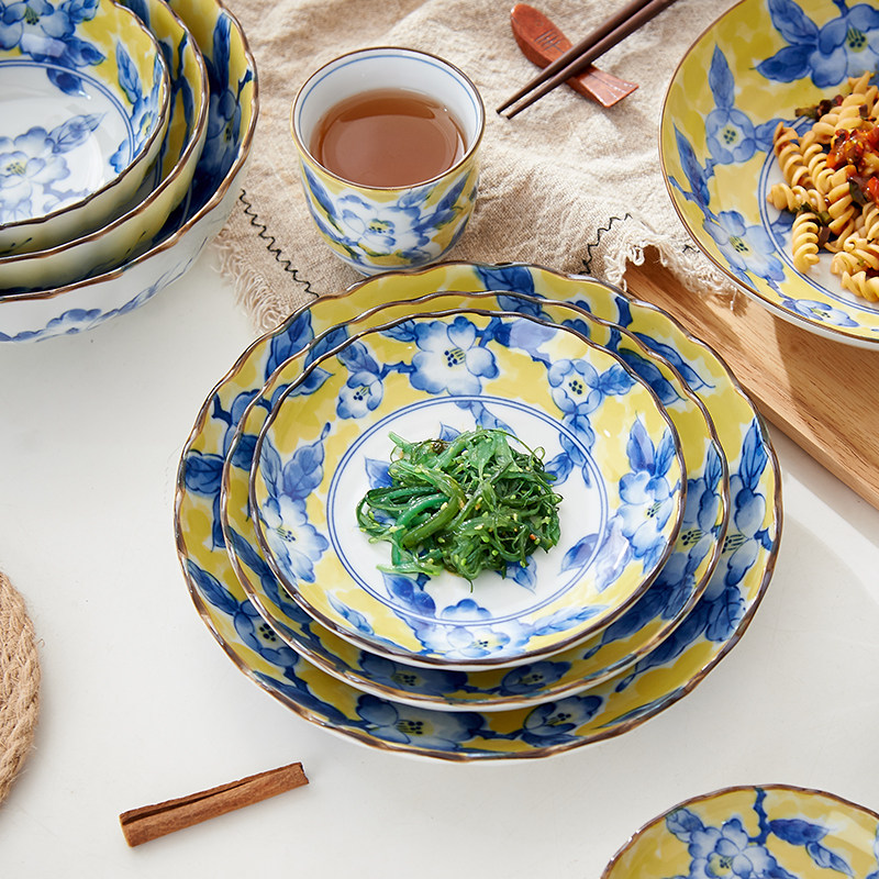 美浓烧日本进口釉下彩陶瓷餐盘日式餐具圆形平盘菜盘深盘饭碗汤碗