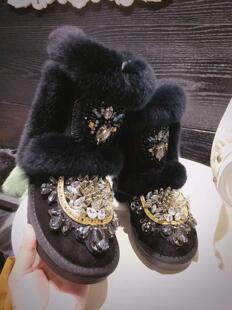 欧洲站时尚手工镶钻獭兔毛真皮防滑保暖加厚真皮雪地靴中筒圆头