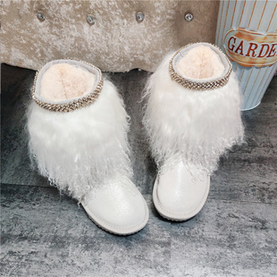 秋冬珠光白女靴真皮加绒中筒滩羊毛白色雪地靴加厚水钻超闪气质鞋