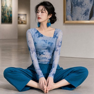 [2件-固定胸垫中式水墨印花网纱长袖]瑜伽上衣普拉提运动背心