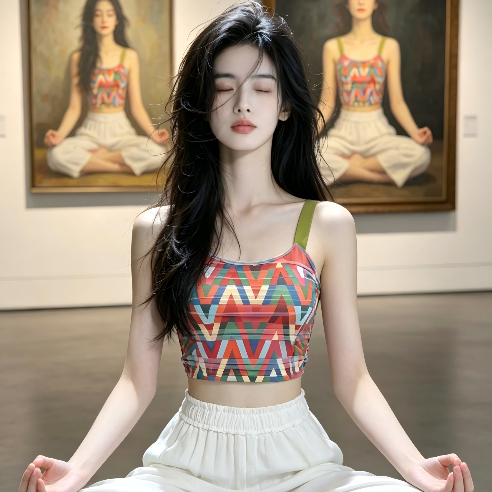 [物超所值-网纱印花一体杯瑜伽工字美背]瑜伽普拉提健身上衣图片