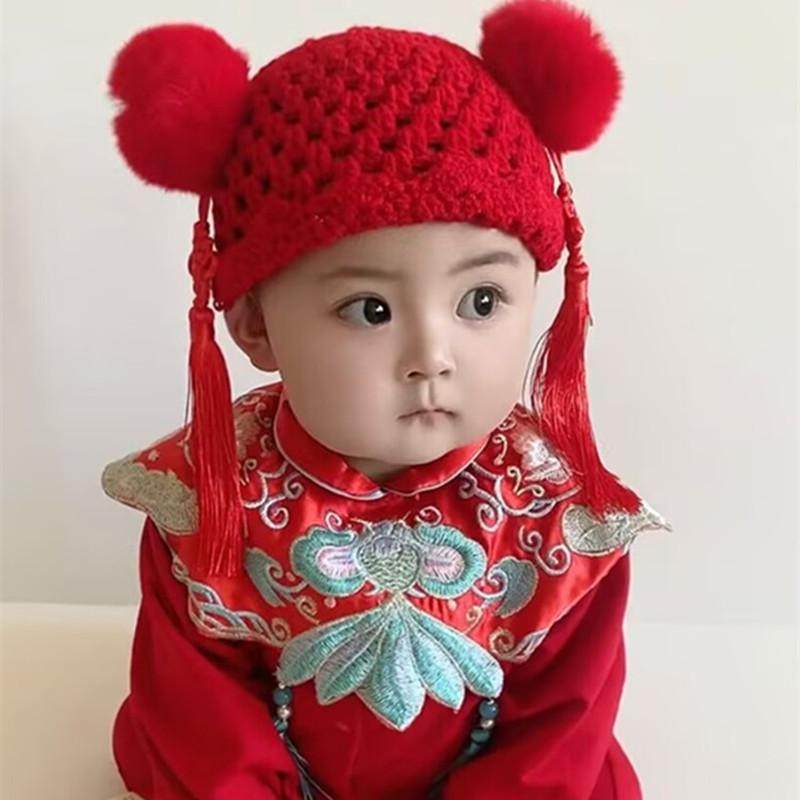 中国结古风帽牛奶棉线婴儿帽无