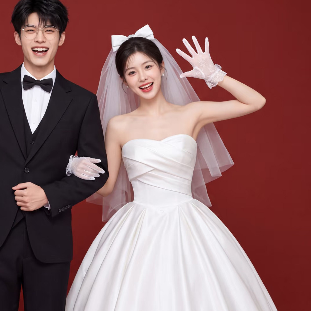 2026新款韩式抹胸缎面轻婚纱小个子森系极简风新娘结婚出门纱可爱