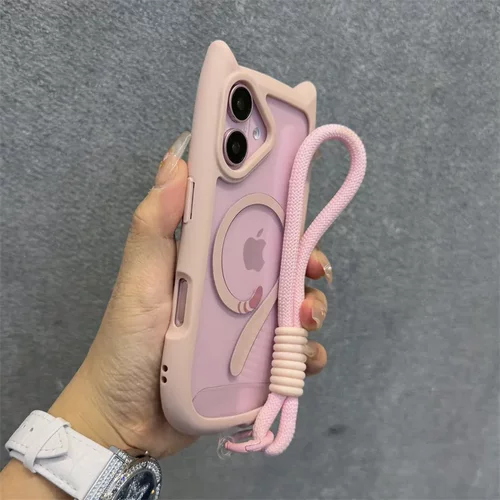 适用iPhone18PRO猫耳朵磁吸手机壳带挂绳苹果17E透明防摔16保护套
