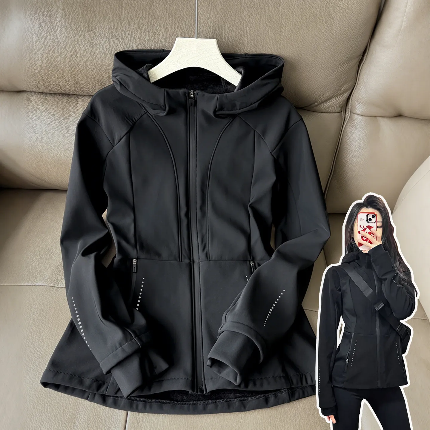 黑色修身软壳冲锋衣女2025新款摩托车骑行服收腰外套早秋冬季穿搭