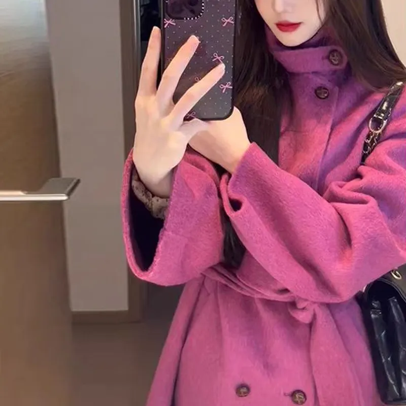 玫红色羊绒呢子大衣女2025秋冬新款韩系高级感小个子毛呢外套上衣