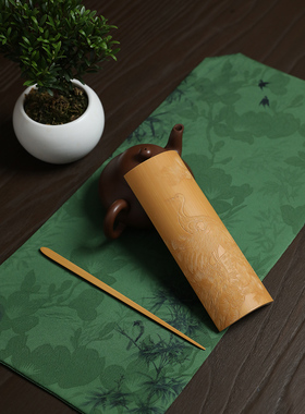 玉竹雕刻茶则竹制手工松鹤石榴茶道三件套赏茶荷功夫臂搁欣赏把玩
