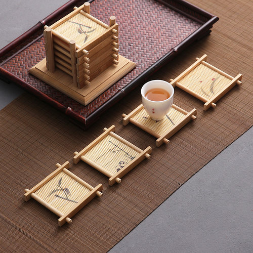 山山竹木印花杯垫杯托竹席方形