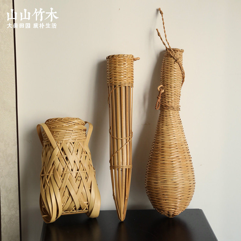 山山竹木挂壁花器紫竹壁挂式禅意花艺花插免打孔竹编中式藤编花篮